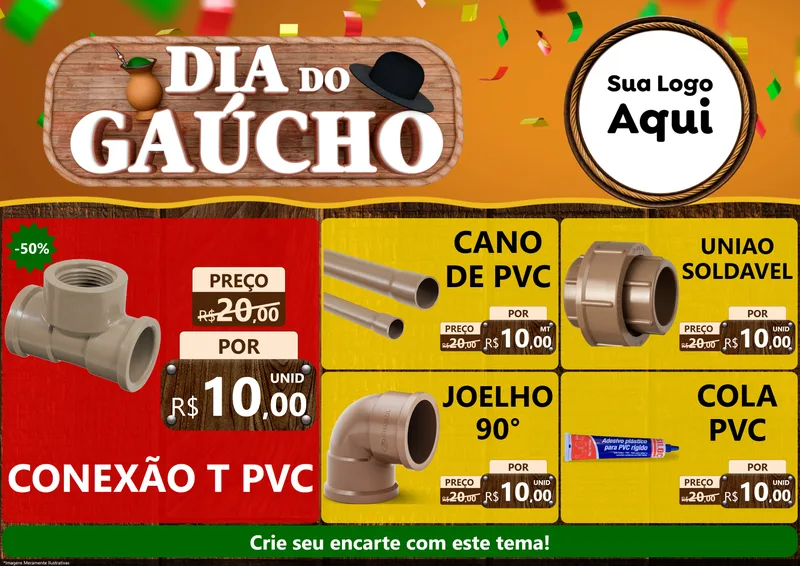 Modelo de Encarte para Encarte A4 Horizontal com o tema Dia do Gaúcho para Tubos e conexões