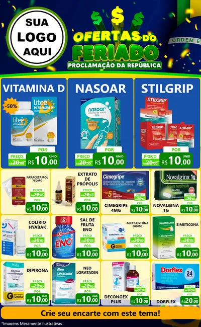 Modelo de Encarte para Encarte Grande com o tema Ofertas do Feriado - Proclamação da República para Farmácia