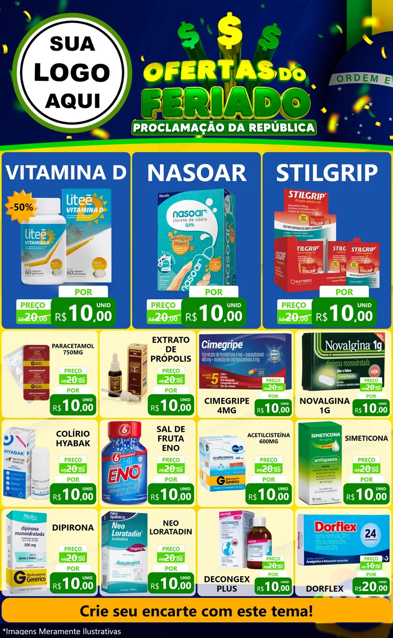 Modelo de Encarte para Encarte Grande com o tema Ofertas do Feriado - Proclamação da República para Farmácia