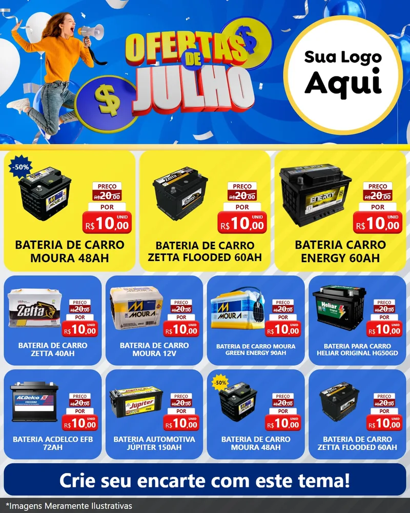 Modelo de Rede Social para Feed Instagram com o tema Ofertas de Julho para Baterias Elétricas