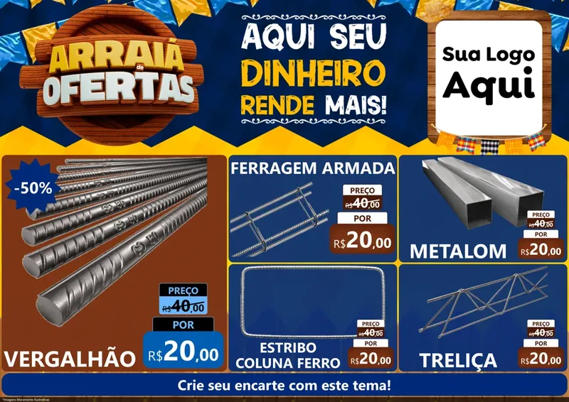 Modelo de Encarte para Encarte A4 Horizontal com o tema Arraiá de Ofertas - Junina para Ferragens