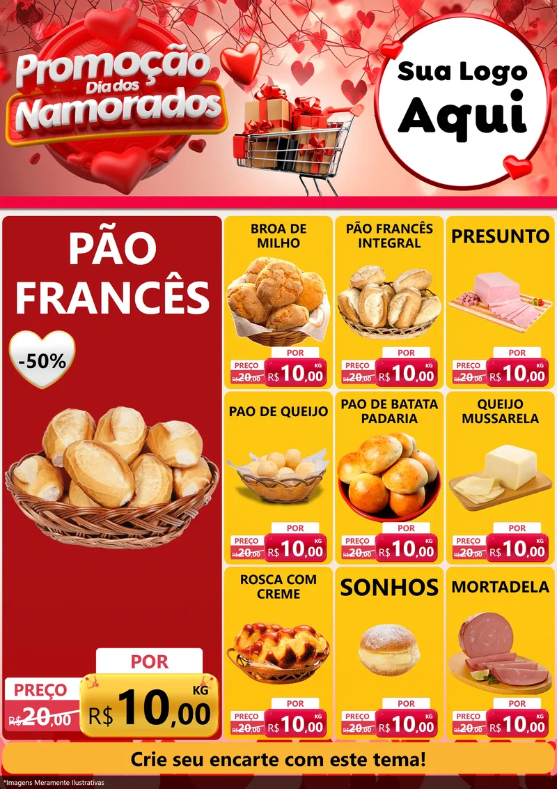 Modelo de Encarte para Encarte A4 Vertical com o tema Promoção Dia dos Namorados para Padaria