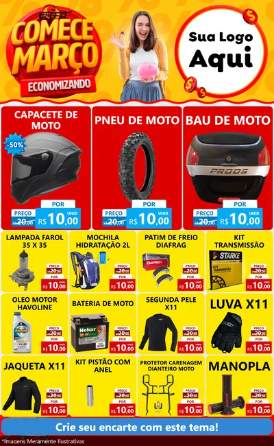 Modelo de Encarte para Encarte Grande com o tema Comece Março Economizando para Moto peças