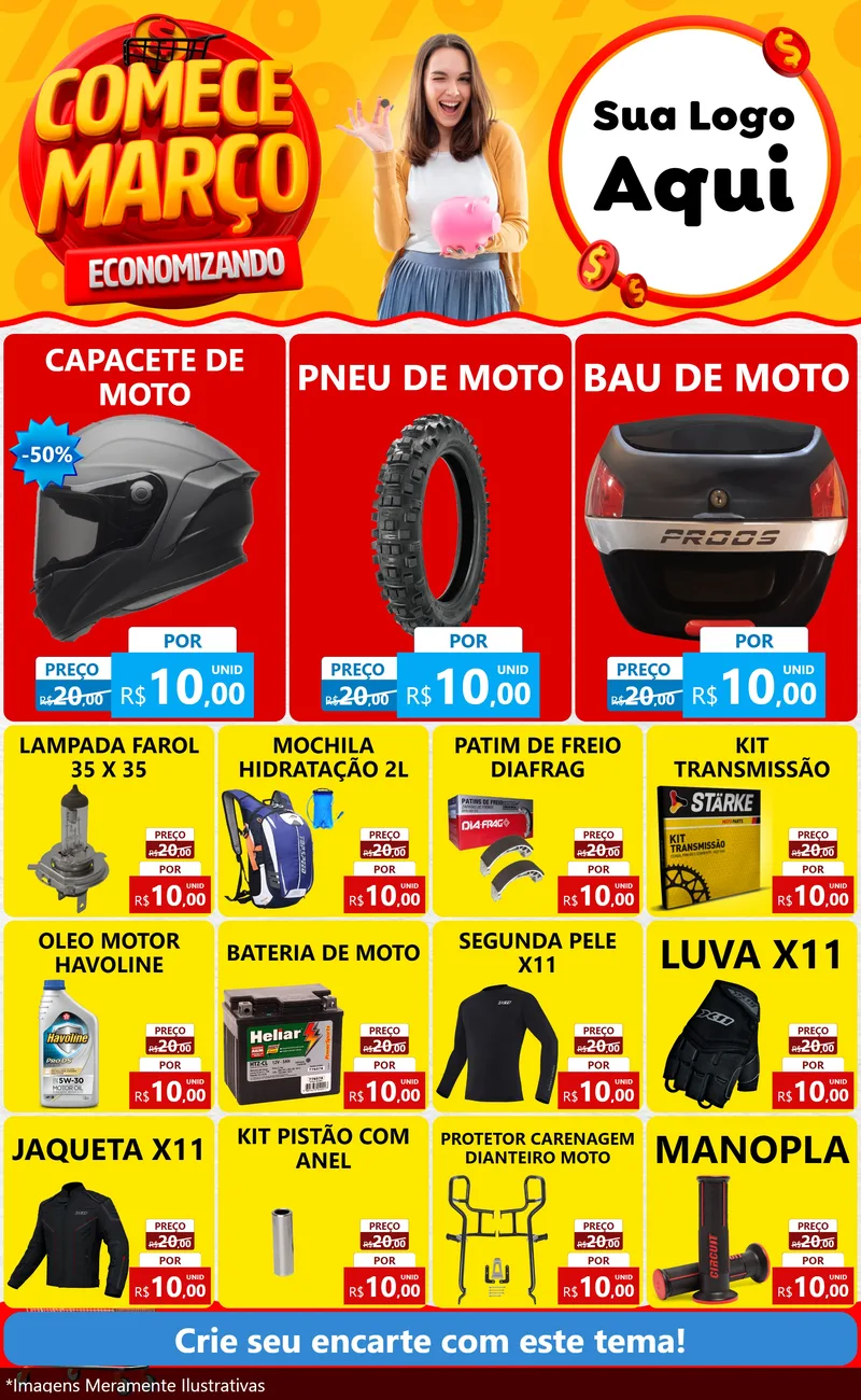 Modelo de Encarte para Encarte Grande com o tema Comece Março Economizando para Moto peças