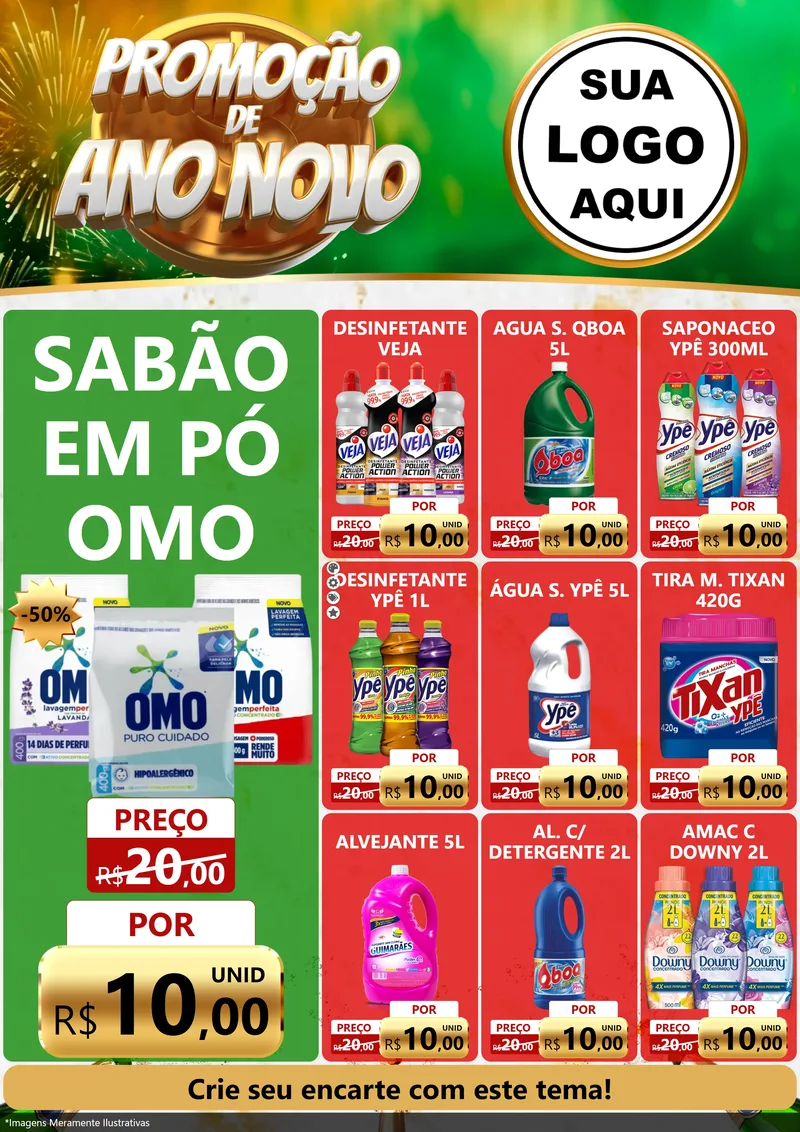Modelo de Encarte para Encarte A4 Vertical com o tema Promoção de Ano Novo para Produtos de Limpeza