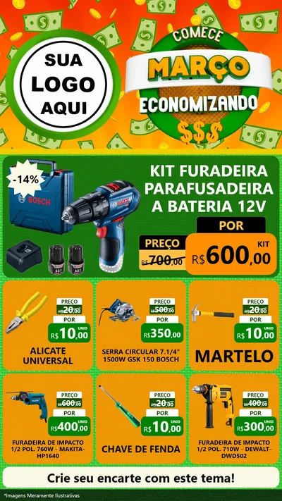 Modelo de Rede Social para Stories com o tema Comece Março Economizando para Maquinas e Ferramentas