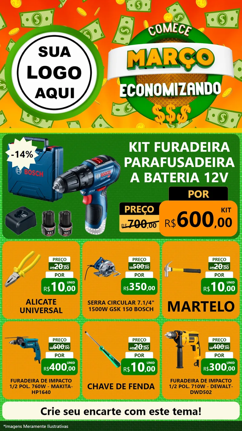 Modelo de Rede Social para Stories com o tema Comece Março Economizando para Maquinas e Ferramentas