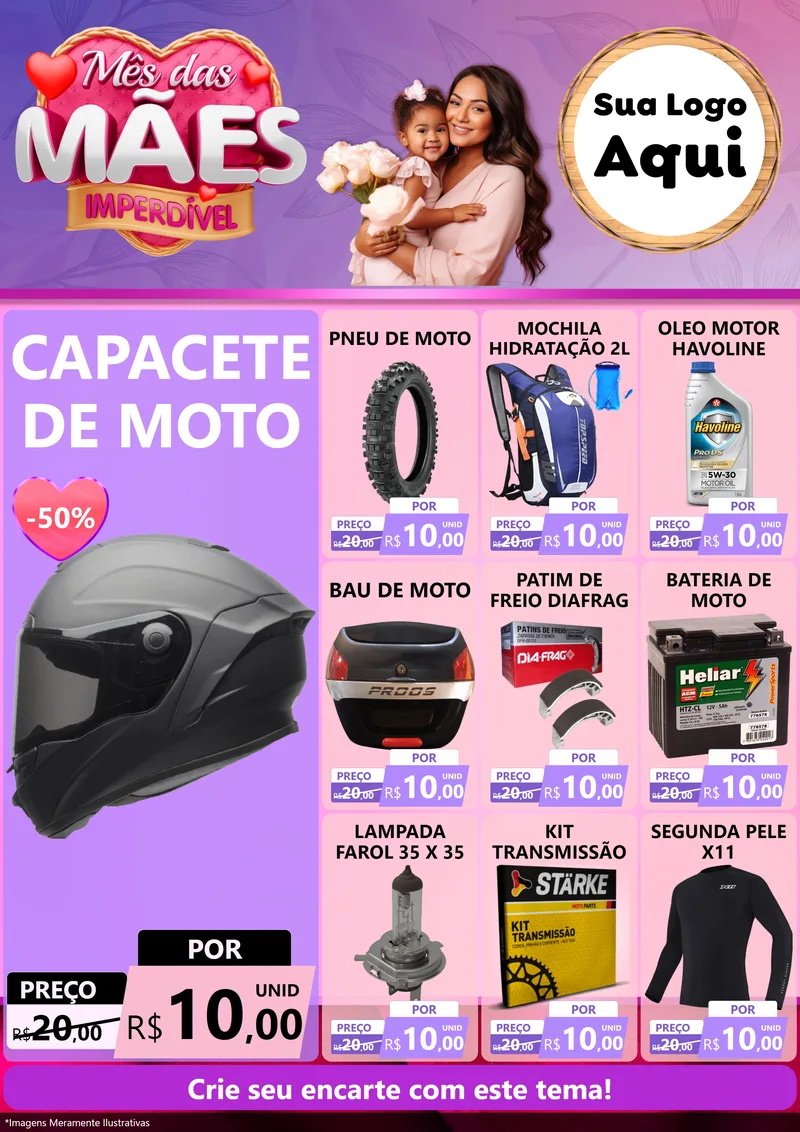 Modelo de Encarte para Encarte A4 Vertical com o tema Mês das Mães Imperdível para Moto peças