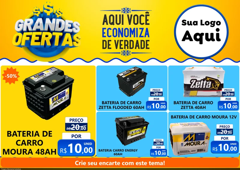 Modelo de Encarte para Encarte A4 Horizontal com o tema Grandes Ofertas para Baterias Elétricas