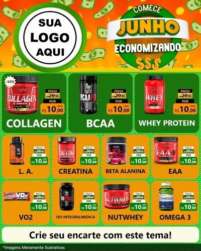 Modelo de Rede Social para Feed Instagram com o tema Comece Junho Economizando para Suplementos alimentares