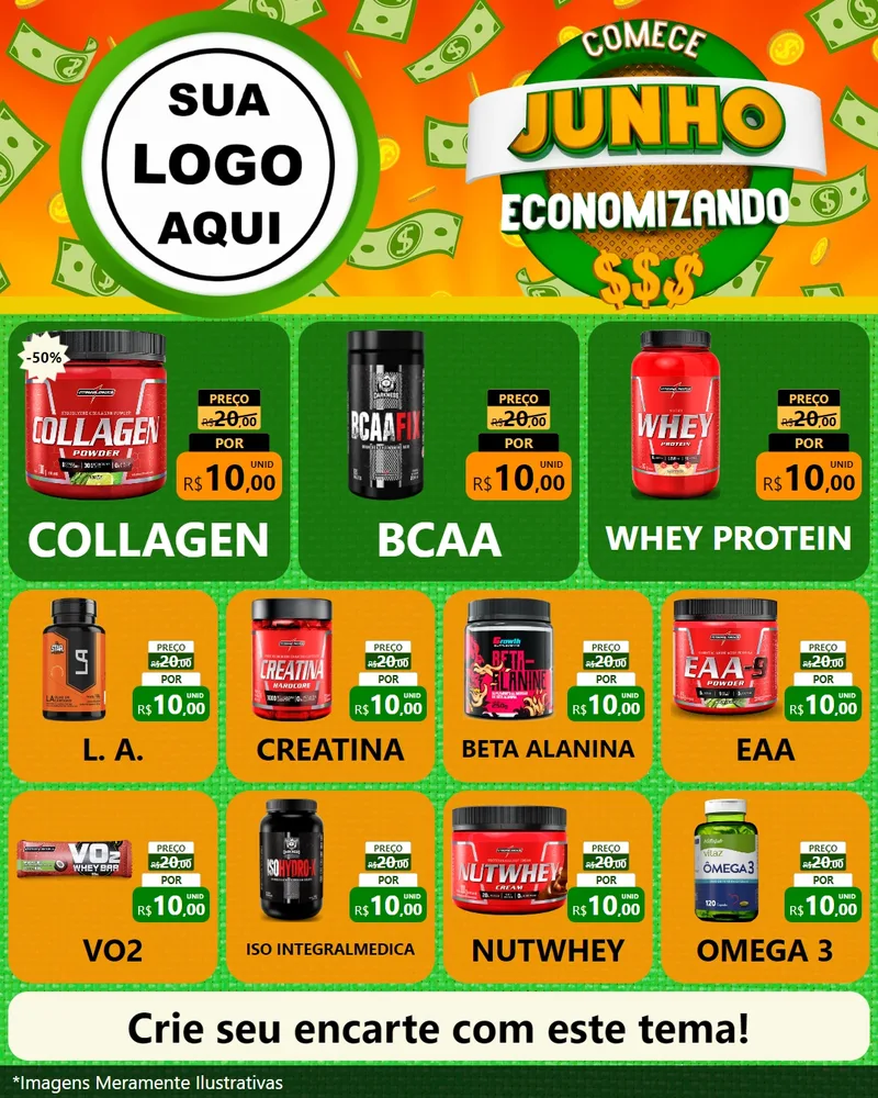 Modelo de Rede Social para Feed Instagram com o tema Comece Junho Economizando para Suplementos alimentares