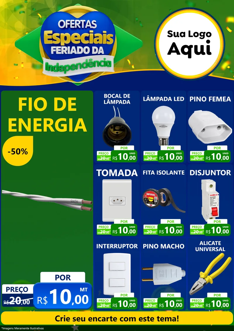 Modelo de Encarte para Encarte A4 Vertical com o tema Ofertas Especiais Feriado da Independência para Materiais Elétricos