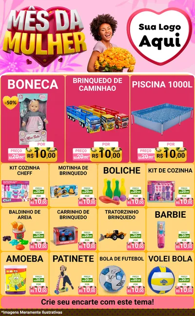 Modelo de Encarte para Encarte Grande com o tema Mês da Mulher para Brinquedos