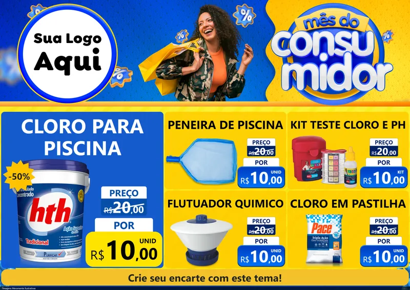 Modelo de Encarte para Encarte A4 Horizontal com o tema Mês do Consumidor para Produtos para Piscina