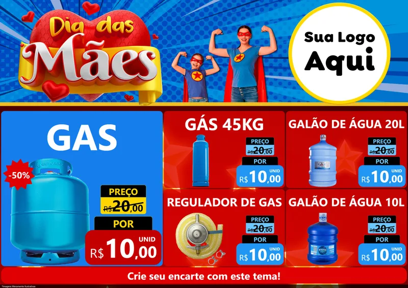 Modelo de Encarte para Encarte A4 Horizontal com o tema Dia das Mães para Água e gás