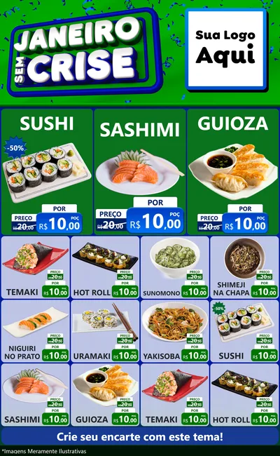 Modelo de Encarte para Encarte Grande com o tema Janeiro Sem Crise para Comida japonesa