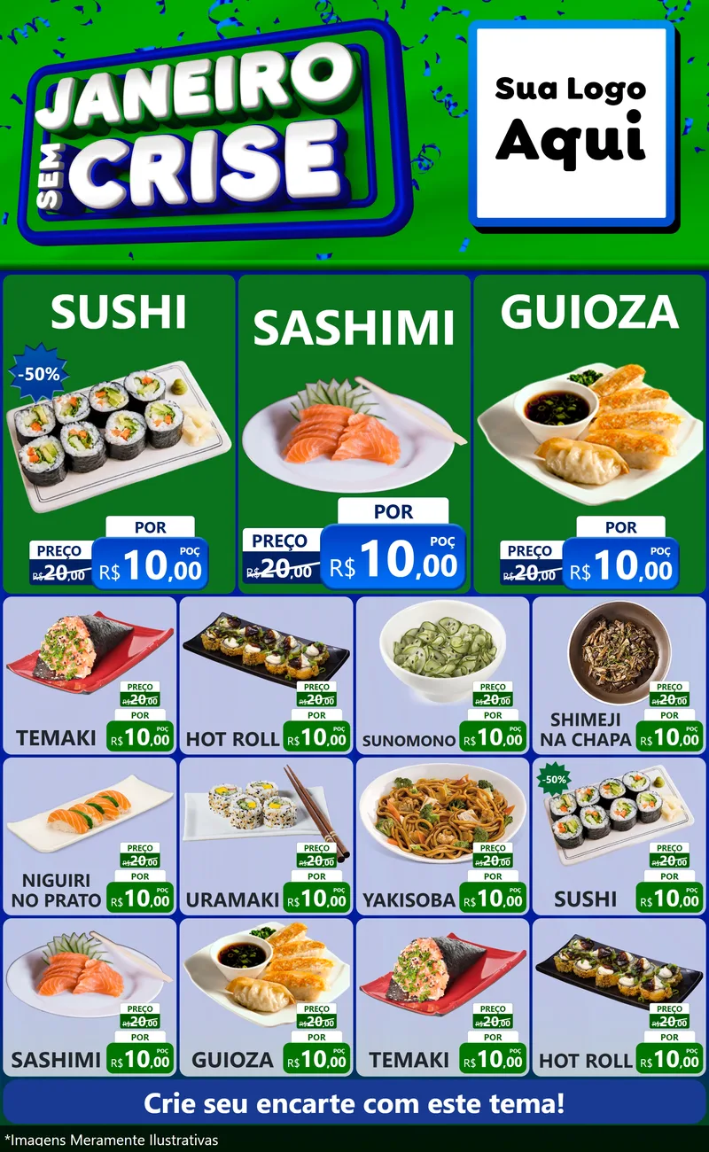 Modelo de Encarte para Encarte Grande com o tema Janeiro Sem Crise para Comida japonesa