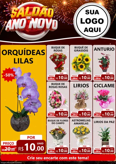 Modelo de Encarte para Encarte A4 Vertical com o tema Saldão de Ano Novo para Floricultura e jardim