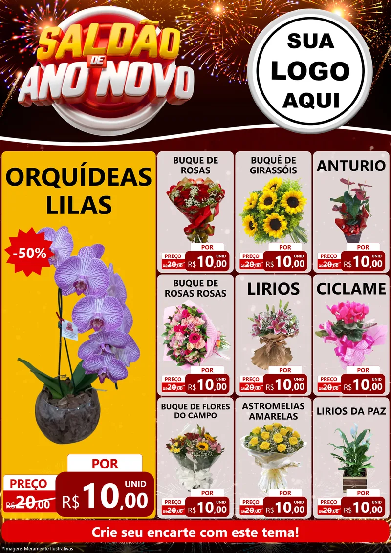 Modelo de Encarte para Encarte A4 Vertical com o tema Saldão de Ano Novo para Floricultura e jardim