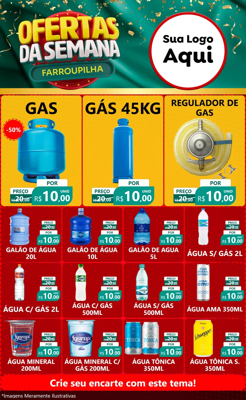 Modelo de Encarte para Encarte Grande com o tema Ofertas da Semana Farroupilha para Água e gás