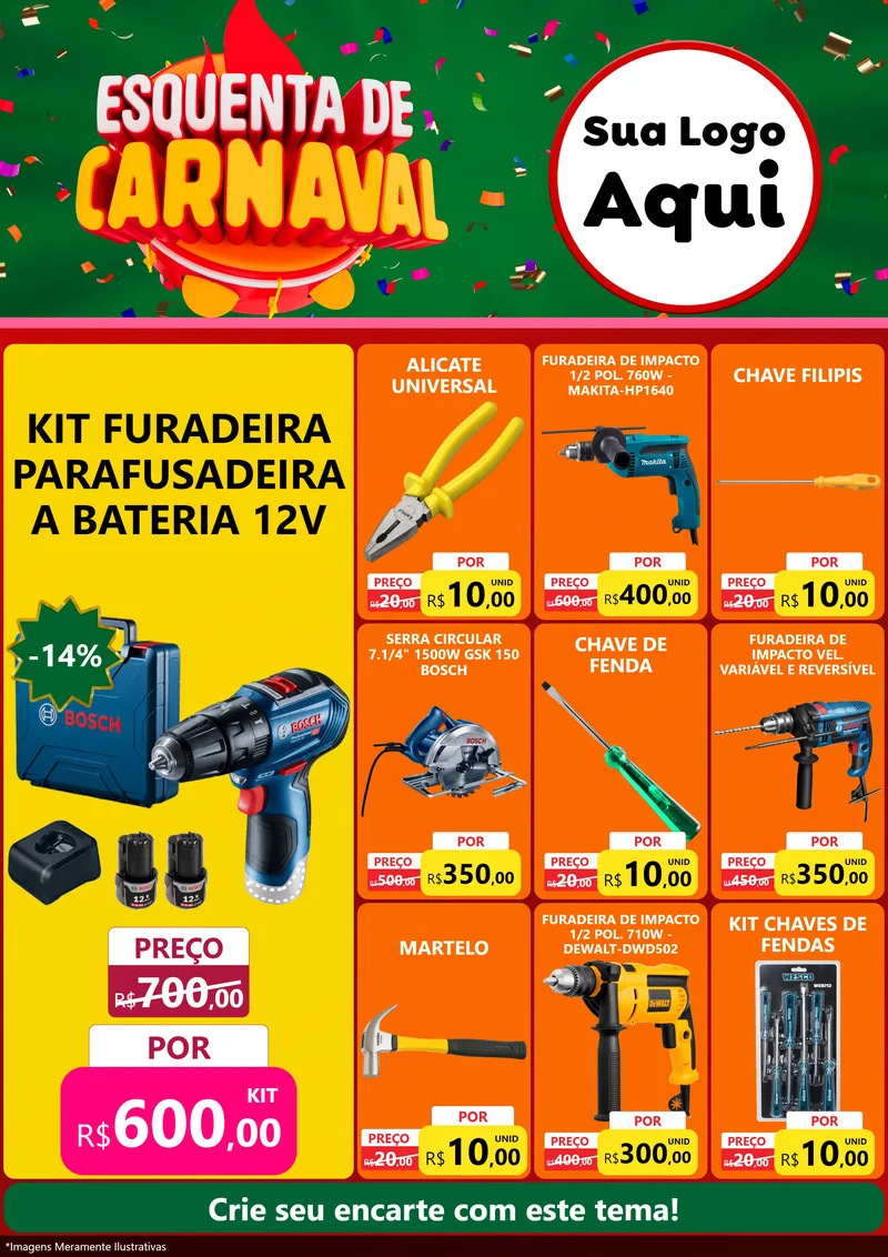 Modelo de Encarte para Encarte A4 Vertical com o tema Esquenta de Carnaval para Maquinas e Ferramentas