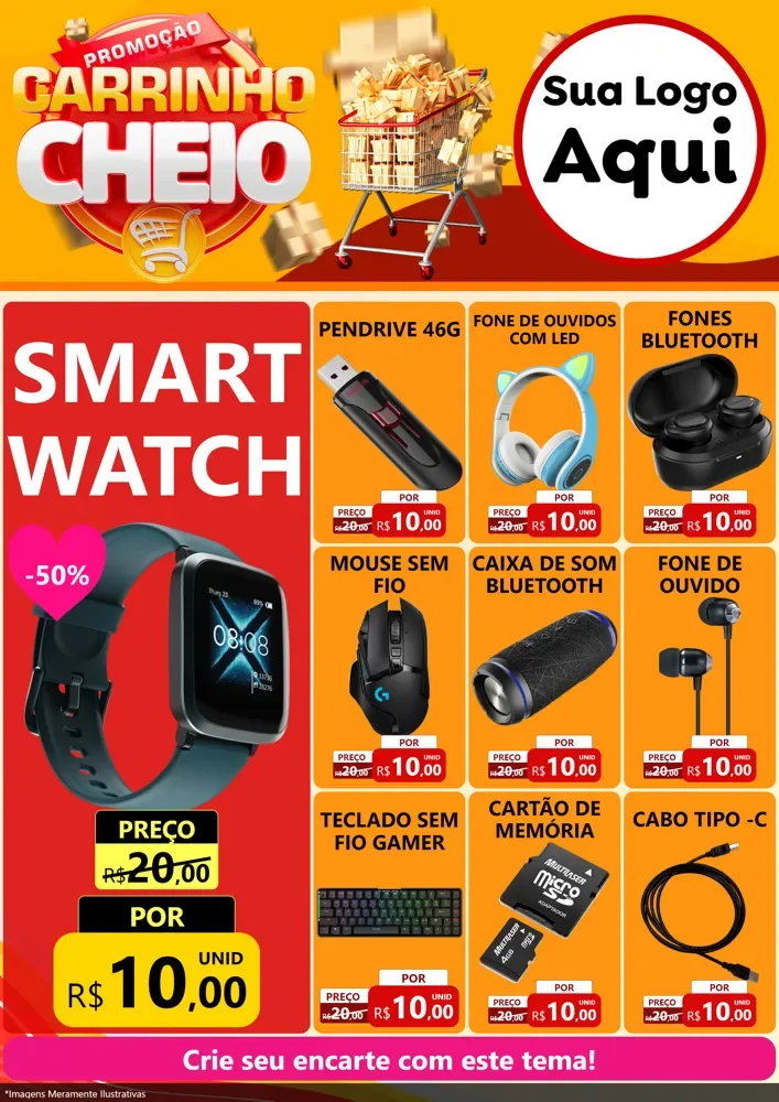Modelo de Encarte para Encarte A4 Vertical com o tema Promoção carrinho cheio para Informática