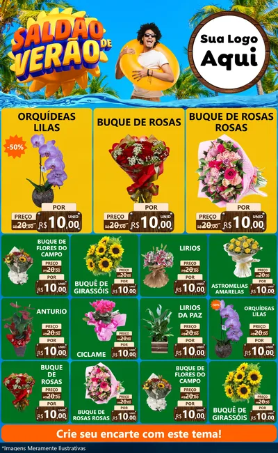 Modelo de Encarte para Encarte Grande com o tema Saldão de Verão para Floricultura e jardim