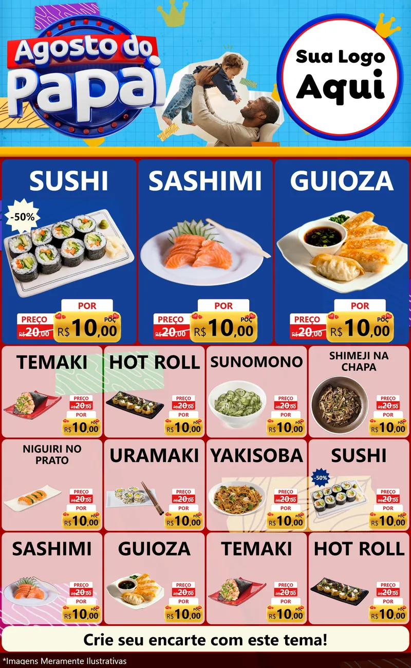 Modelo de Encarte para Encarte Grande com o tema Agosto do Papai para Comida japonesa