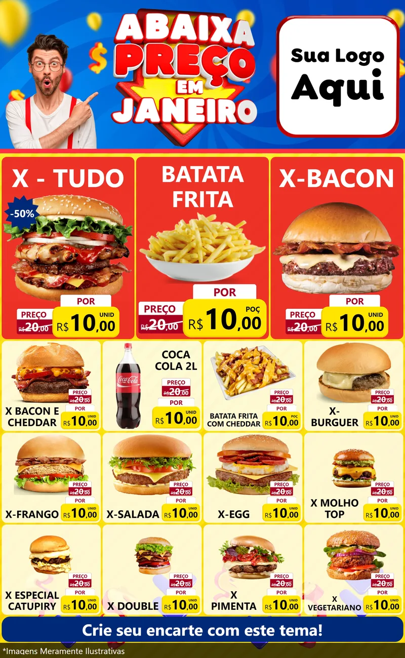 Modelo de Encarte para Encarte Grande com o tema Abaixa Preço em Janeiro para Hamburgueria