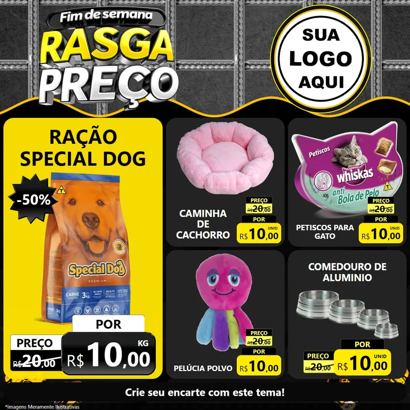 Modelo de Rede Social para Feed Facebook com o tema Fim de Semana Rasga Preço para Pet Shop