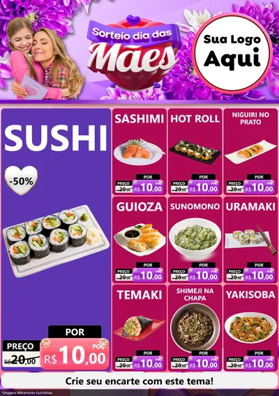 Modelo de Encarte para Encarte A4 Vertical com o tema Sorteio Dia das Mães para Comida japonesa