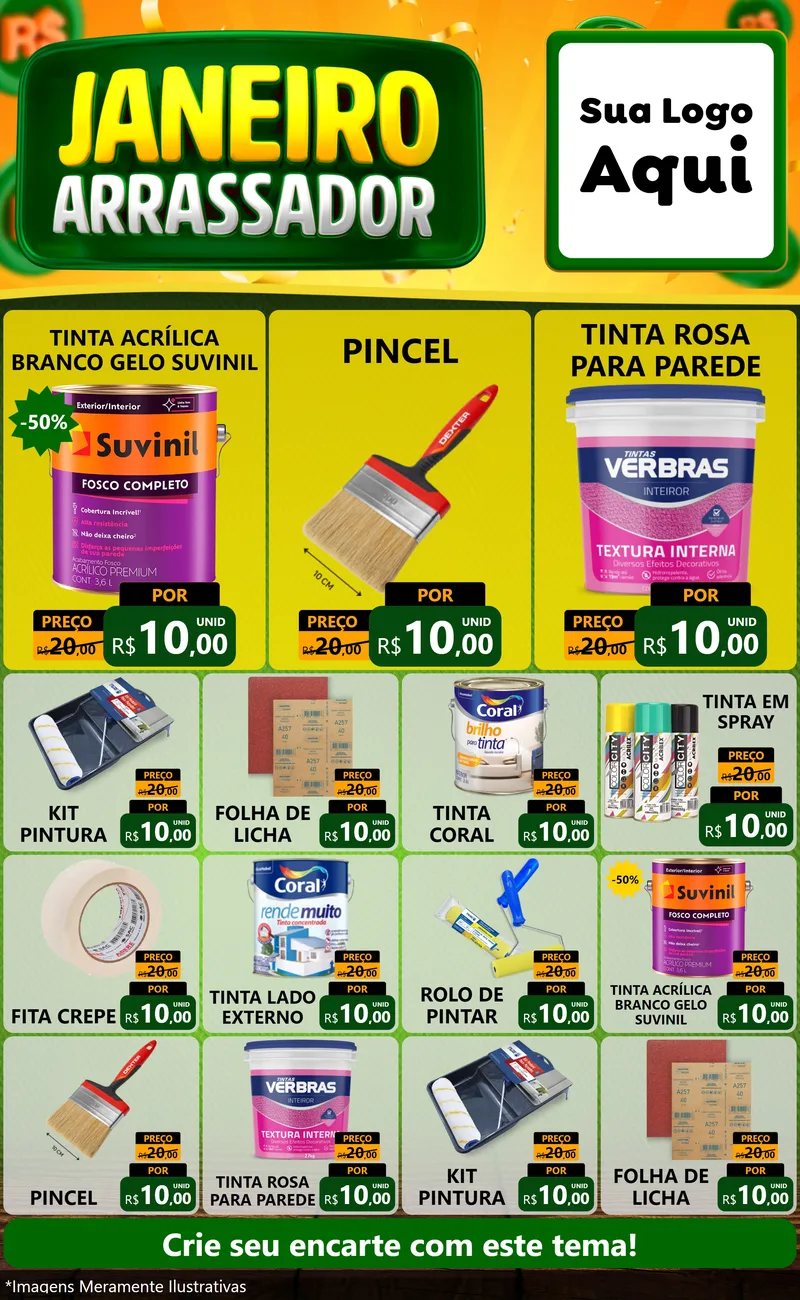 Modelo de Encarte para Encarte Grande com o tema Janeiro Arrasador para Tintas e Ferramentas