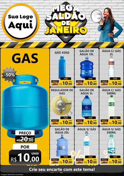 Modelo de Encarte para Encarte A4 Vertical com o tema Mega Saldão de Janeiro para Água e gás