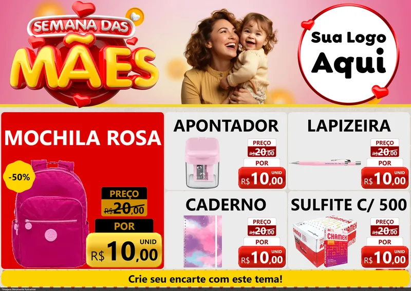 Modelo de Encarte para Encarte A4 Horizontal com o tema Semana das Mães para Papelaria