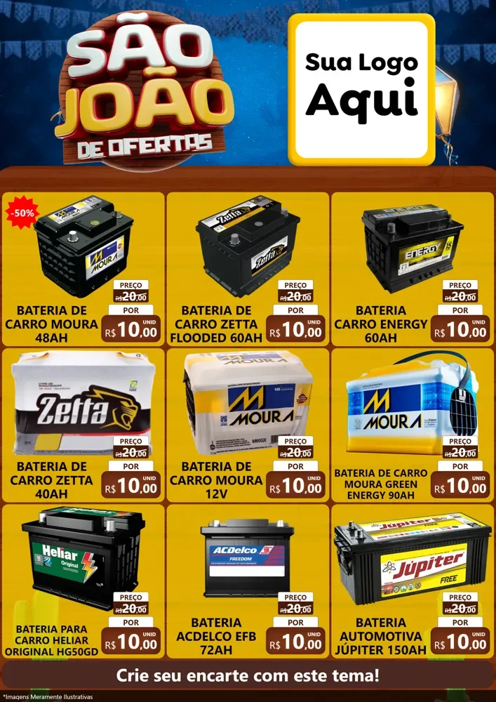 Modelo de Encarte para Encarte A4 Vertical com o tema São João Ofertas Imbatíveis! - Junina para Baterias Elétricas