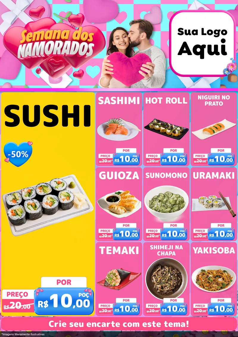 Modelo de Encarte para Encarte A4 Vertical com o tema Semana dos Namorados para Comida japonesa