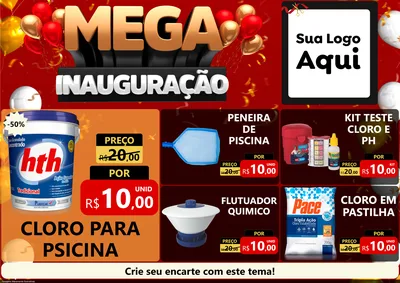 Modelo de Encarte para Encarte A4 Horizontal com o tema Mega Inauguração para Produtos para Piscina