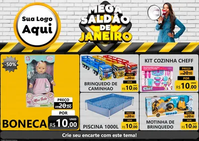Modelo de Encarte para Encarte A4 Horizontal com o tema Mega Saldão de Janeiro para Brinquedos