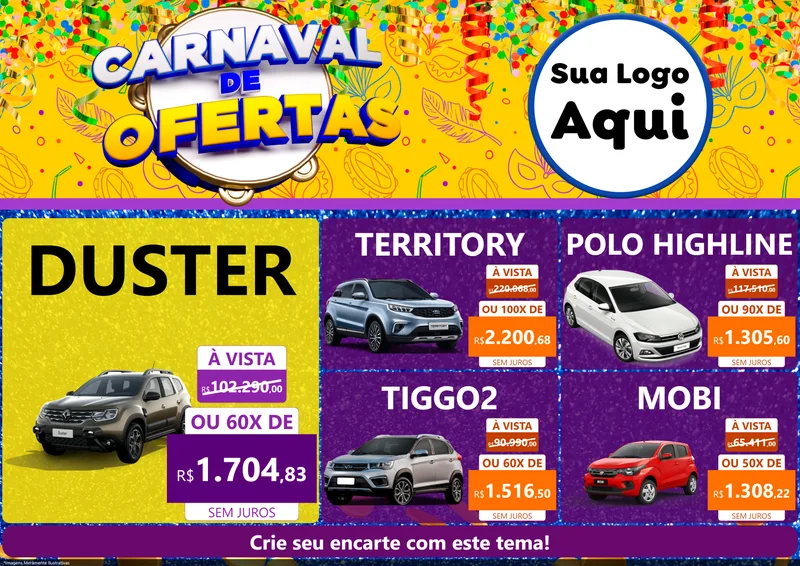 Modelo de Encarte para Encarte A4 Horizontal com o tema Carnaval de Ofertas para Concessionaria de Carros