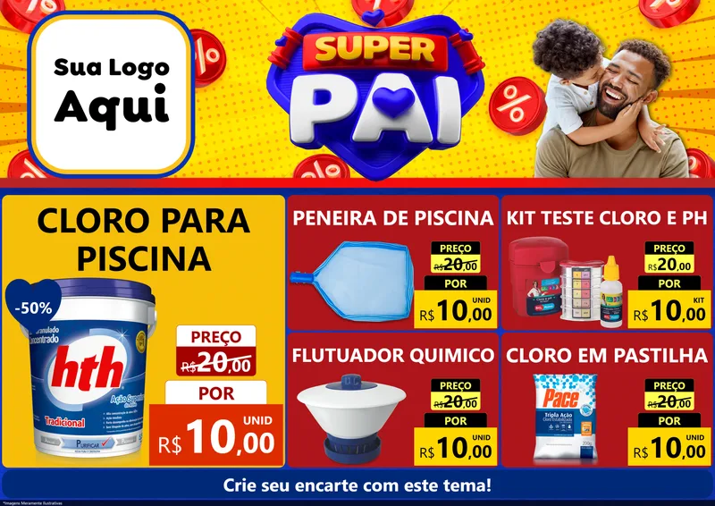 Modelo de Encarte para Encarte A4 Horizontal com o tema Super Pai para Produtos para Piscina
