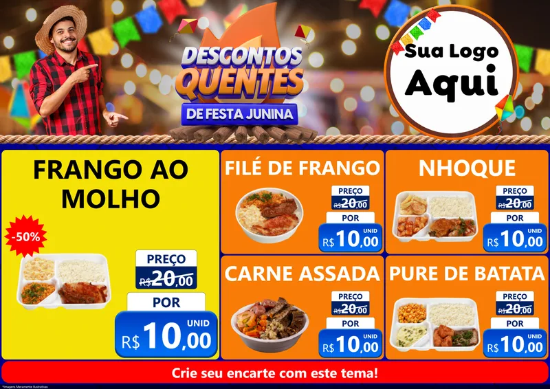 Modelo de Encarte para Encarte A4 Horizontal com o tema Descontos Quentes de Festa Junina para Restaurante