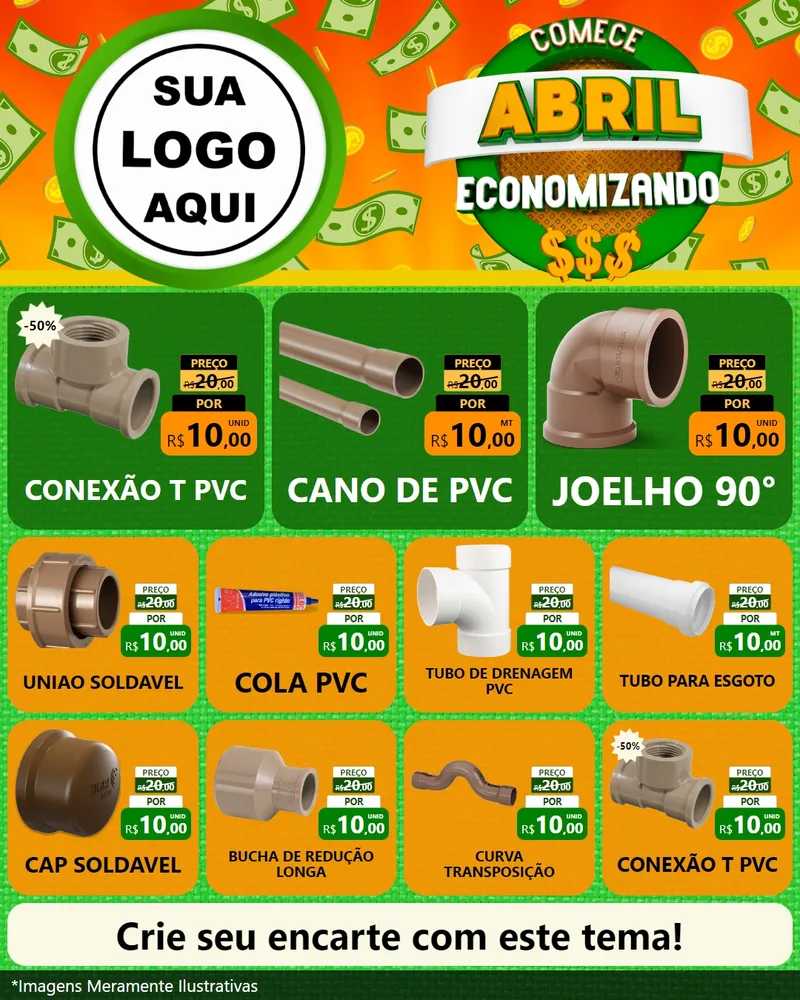 Modelo de Rede Social para Feed Instagram com o tema Comece Abril Economizando para Tubos e conexões