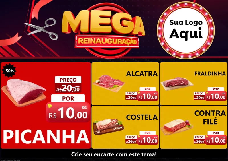Modelo de Encarte para Encarte A4 Horizontal com o tema Mega Reinauguração para Açougue