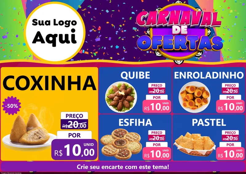 Modelo de Encarte para Encarte A4 Horizontal com o tema Carnaval de Ofertas para Salgadaria