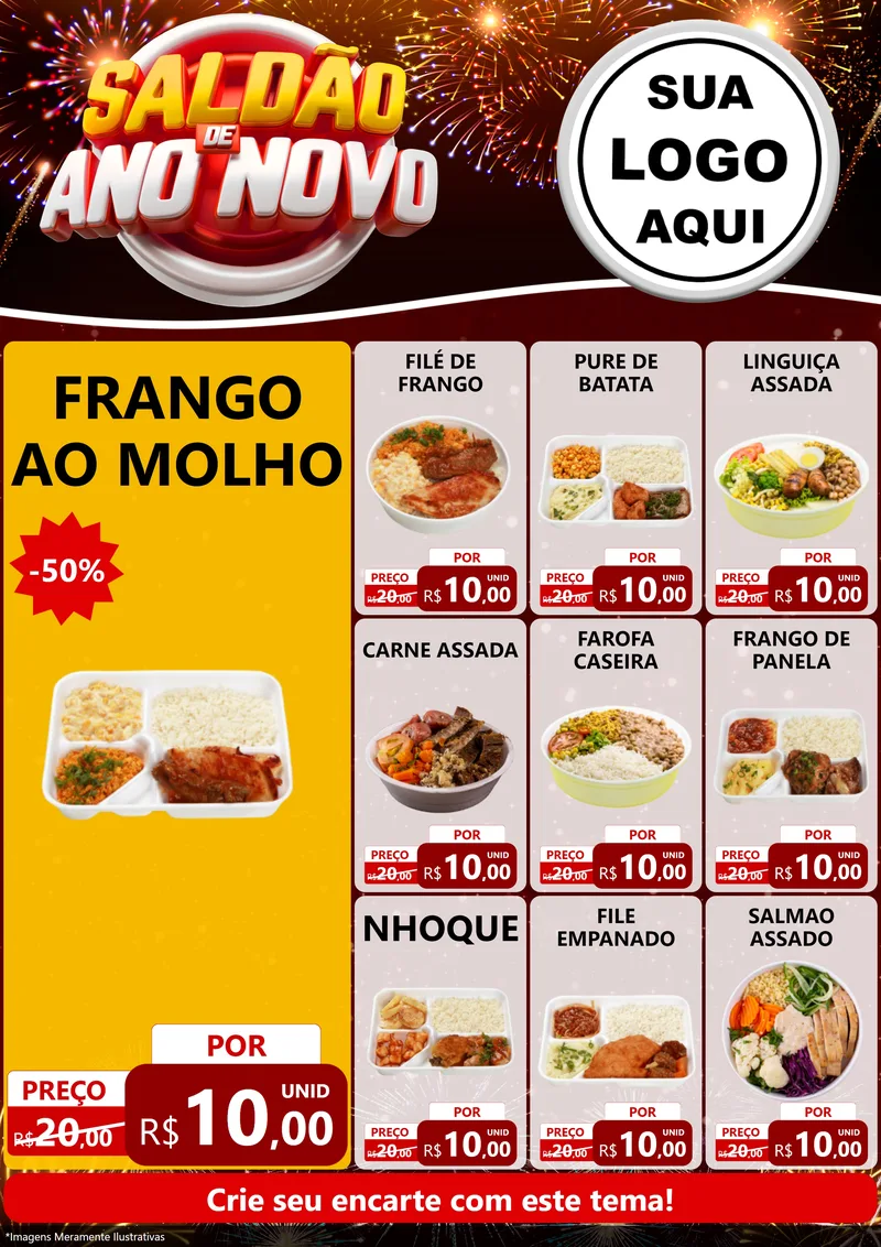 Modelo de Encarte para Encarte A4 Vertical com o tema Saldão de Ano Novo para Restaurante