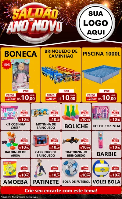 Modelo de Encarte para Encarte Grande com o tema Saldão de Ano Novo para Brinquedos