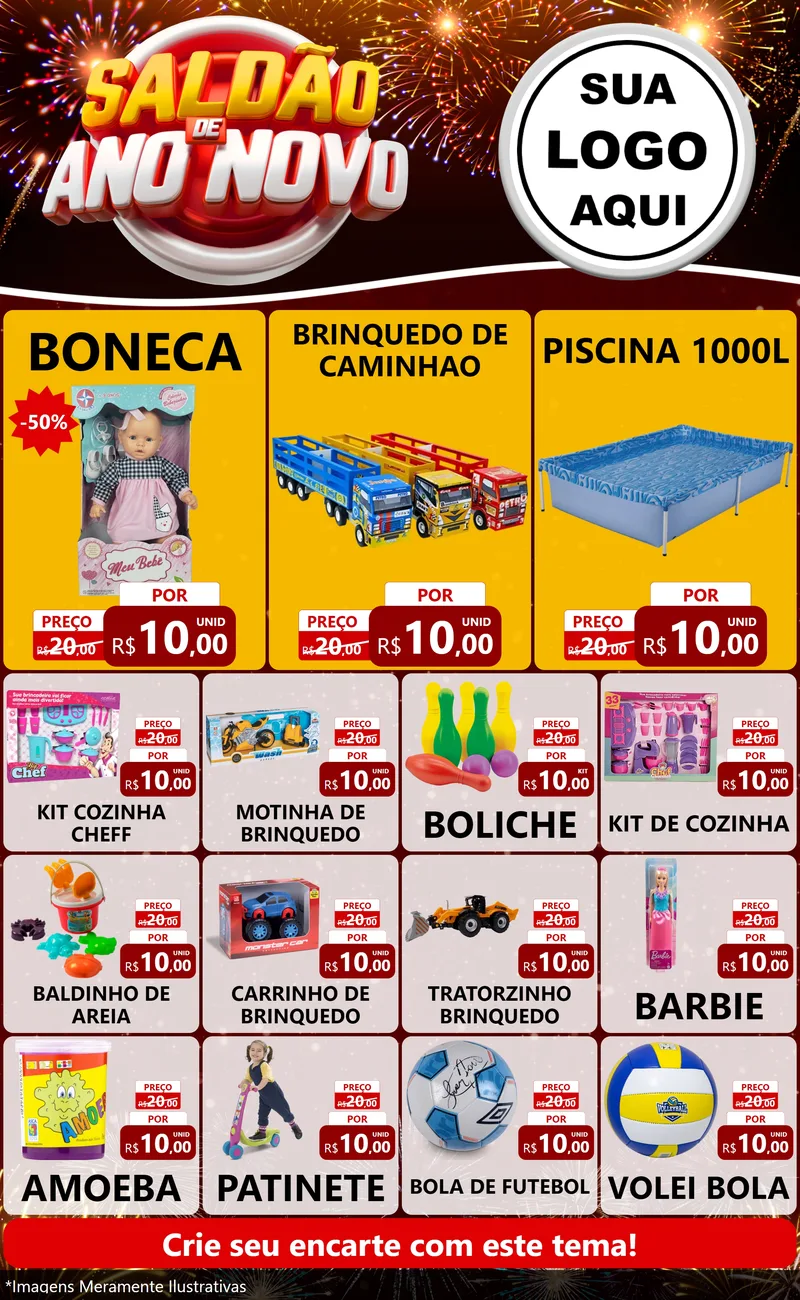 Modelo de Encarte para Encarte Grande com o tema Saldão de Ano Novo para Brinquedos