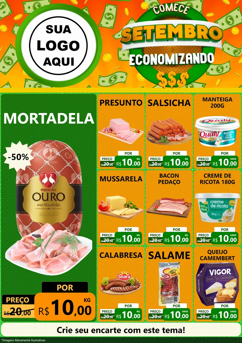 Modelo de Encarte para Encarte A4 Vertical com o tema Comece Setembro Economizando para Frios e Laticínios