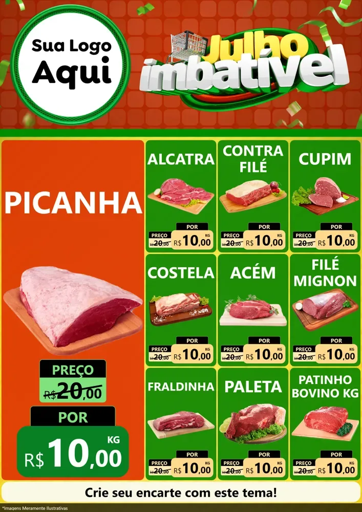 Modelo de Encarte para Encarte A4 Vertical com o tema Julho Imbatível para Açougue