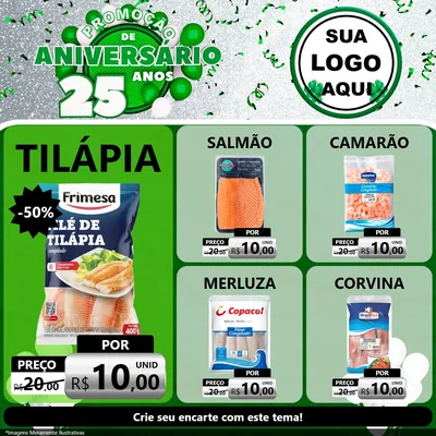 Modelo de Rede Social para Feed Facebook com o tema Promoção de Aniversário - 25 Anos para Peixaria